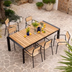 Table de repas jardin en teck recyclé et aluminium - noir (8 places)