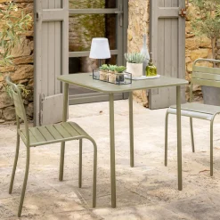 Table de repas jardin fixe carrée en acier - vert kaki (2 places)