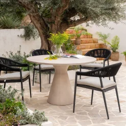 Table de repas jardin ronde en béton ciré - blanc (6 places)
