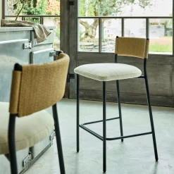 Tabouret haut de repas en corde et tissu H75cm - blanc écru