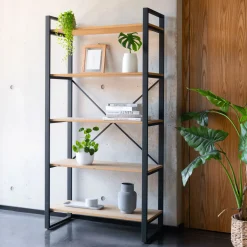 Étagère 5 tablettes en métal noir et pin massif - bois clair h180cm
