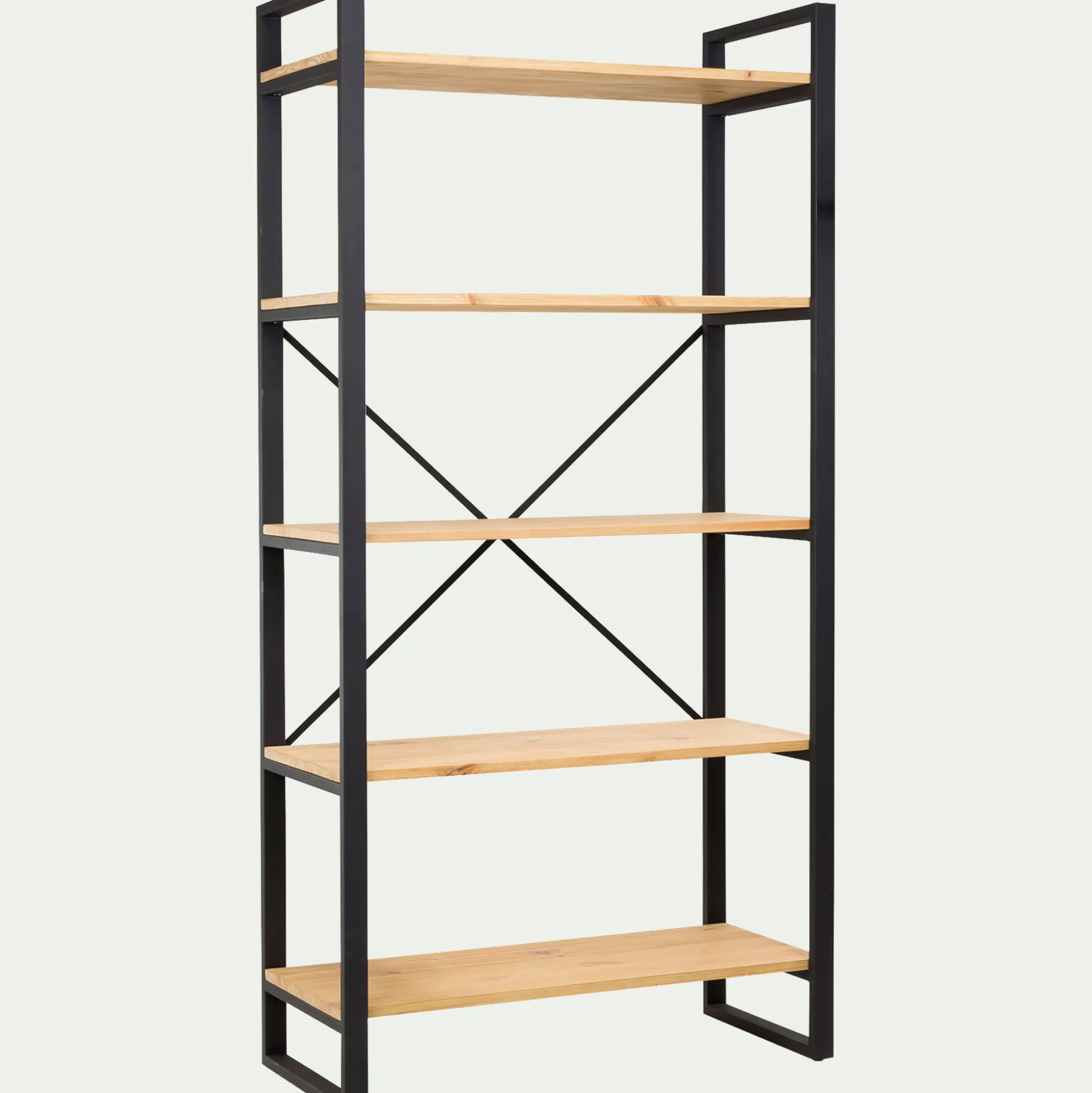 Étagère 5 tablettes en métal noir et pin massif - bois clair h180cm