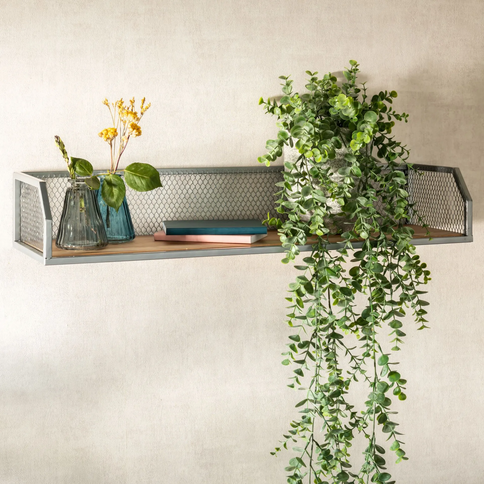 Étagère murale grillagée en bois et métal argenté L67cm