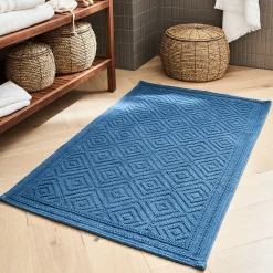Tapis de bain surpiquage losanges en coton - bleu figuerolles 60x100cm