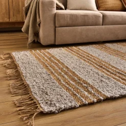 Tapis en jute rayé finition franges 160x230cm - gris