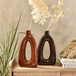 Vase à trou contemporain en porcelaine H31,7cm - marron