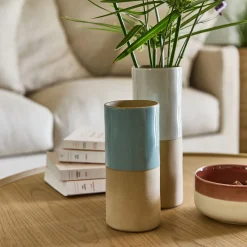 Vase tube bicolore en grès H20cm - bleu