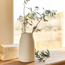 Vase tube en grès moucheté H26cm - blanc
