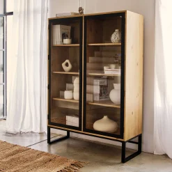 Vitrine en pin massif et métal L120xl45xH175cm - bois clair