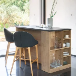 Chaise de bar en tissu gris foncé pieds bois - H66cm