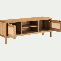 Meuble tv 2 portes en teck recyclé et cannage L150cm - bois clair