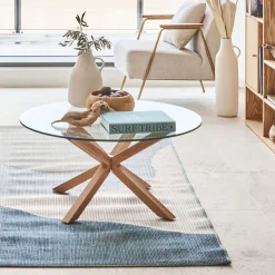 Table basse ronde en verre et piétement métal effet bois - transparent